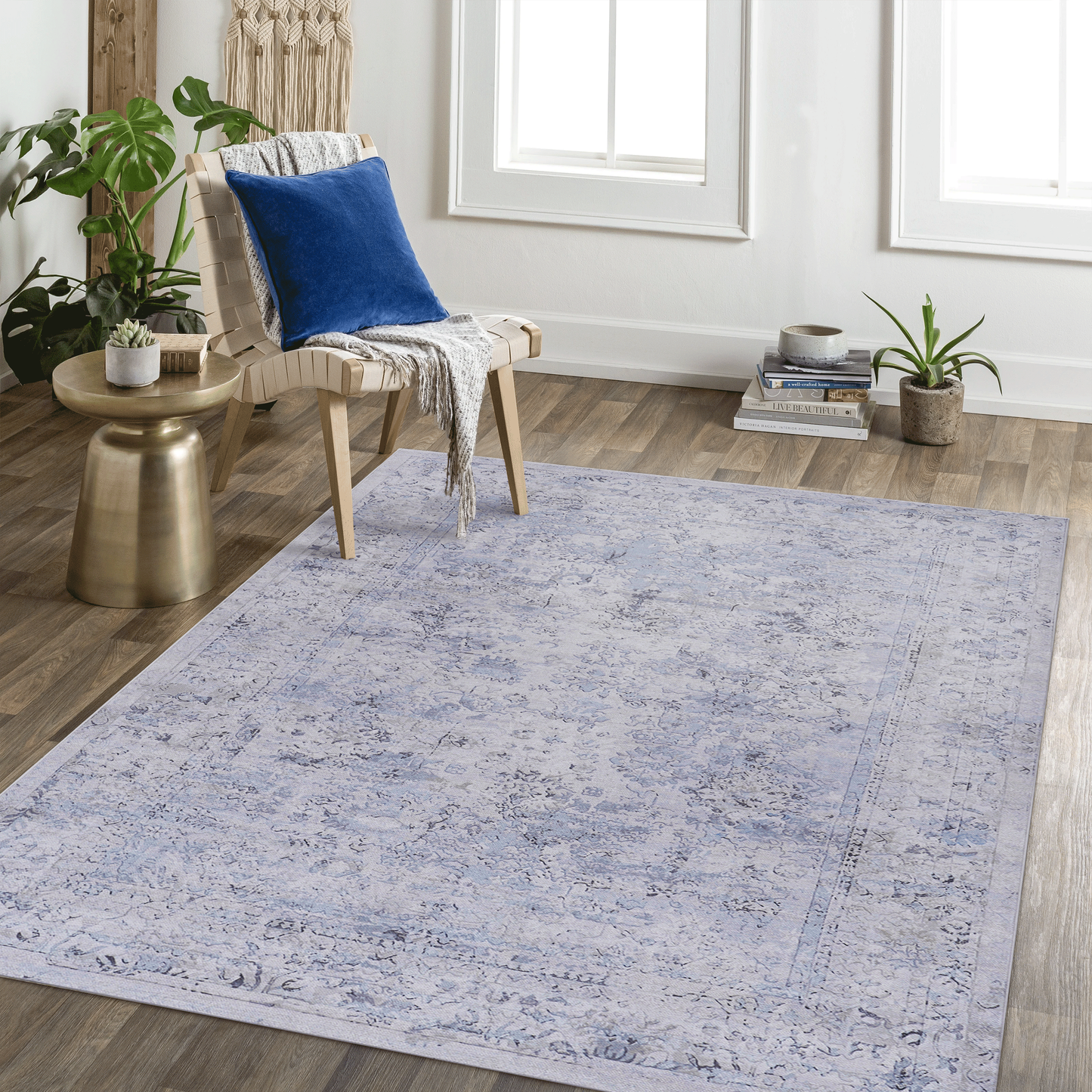 Oamwrae Whole House Area Rug (Blue+Cream, 5' x 8')