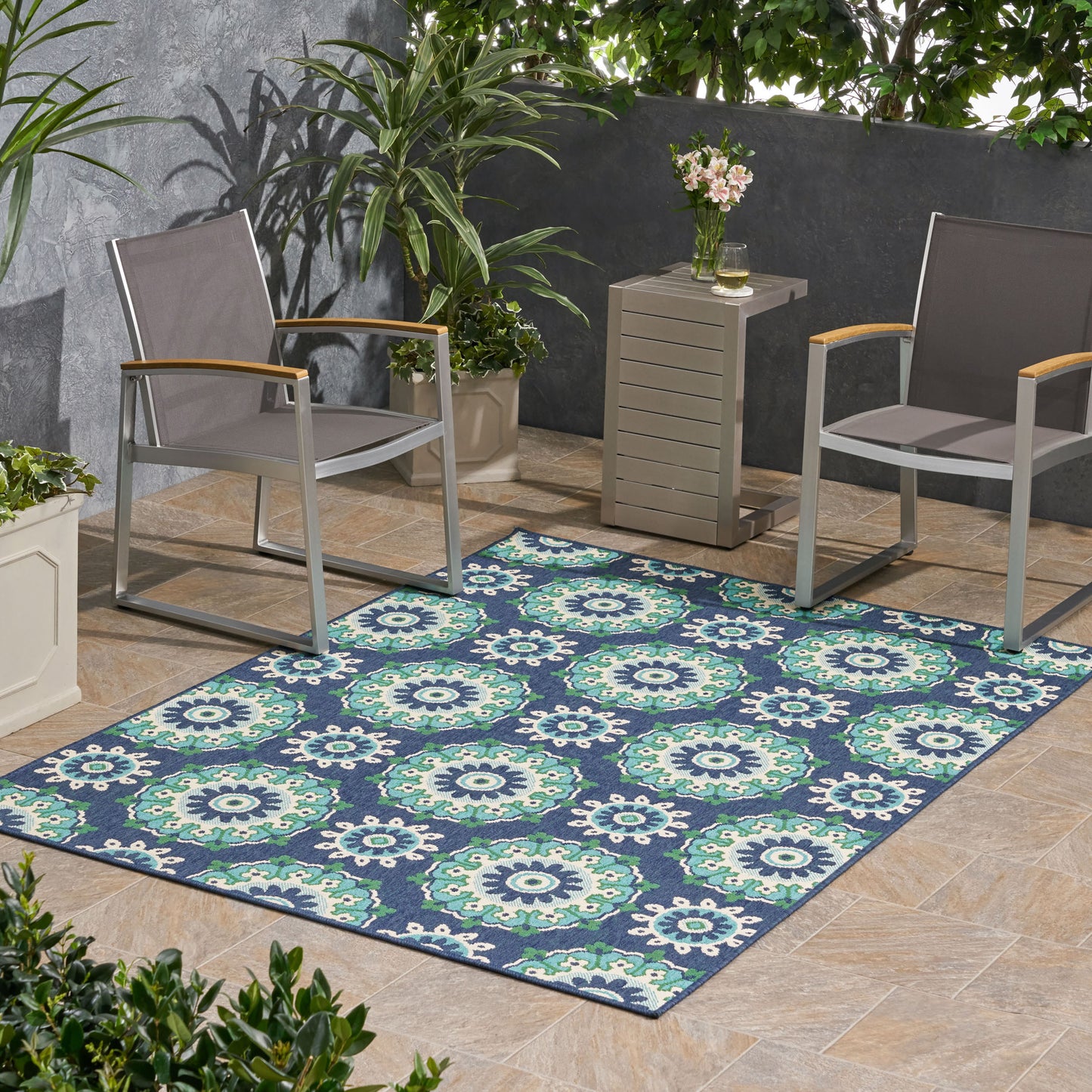 Oamwrae Blue and Green Floral Vintage Area Rug 5'3" X 7'