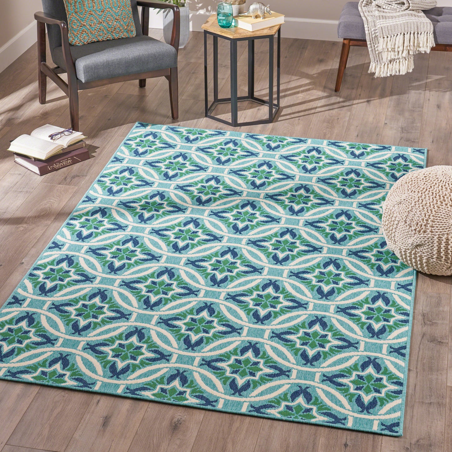 Oamwrae Blue and Green Flowers Area Rug 5'3" X 7'6"
