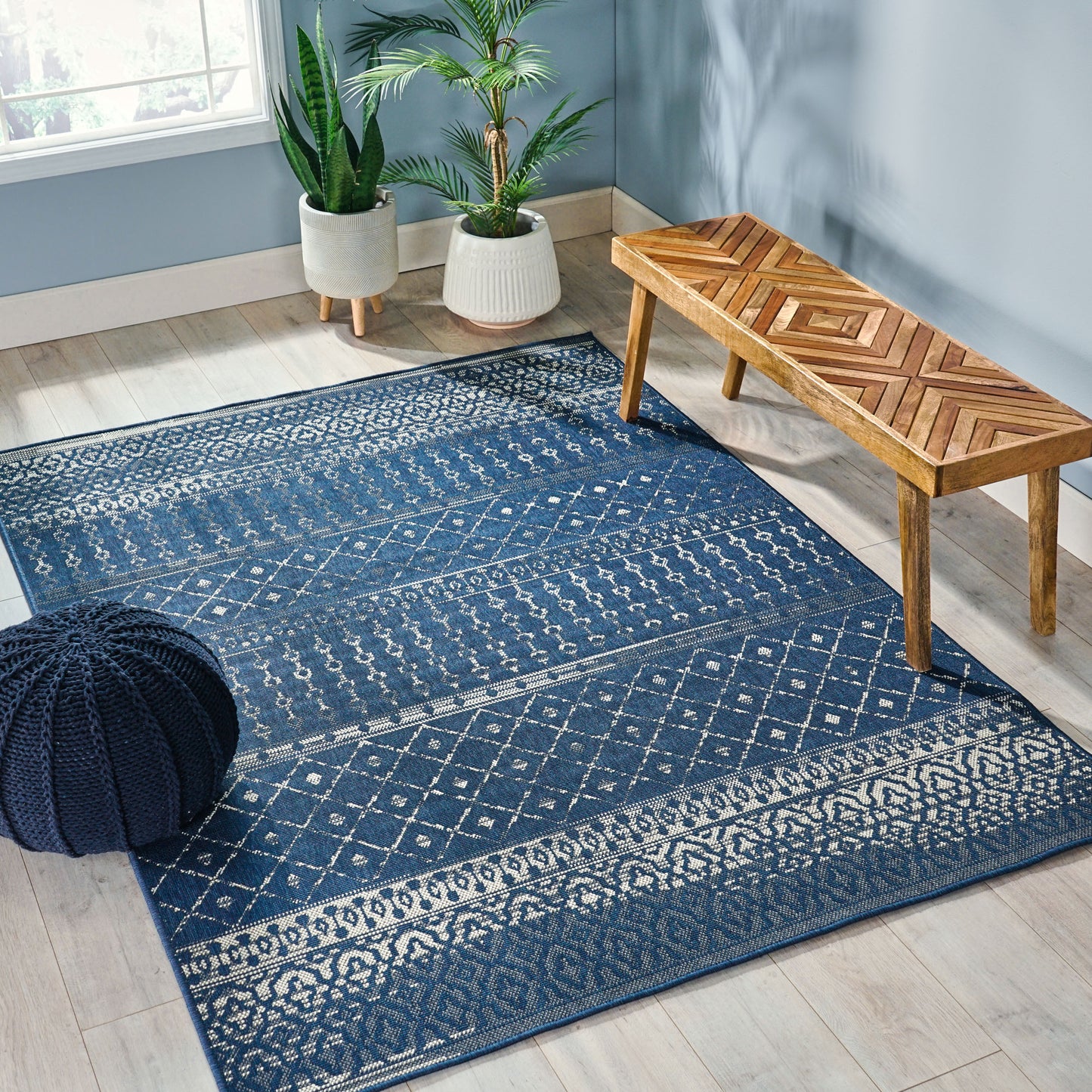 Oamwrae Blue and ilver Patterned Area Rug 5'3"x7'